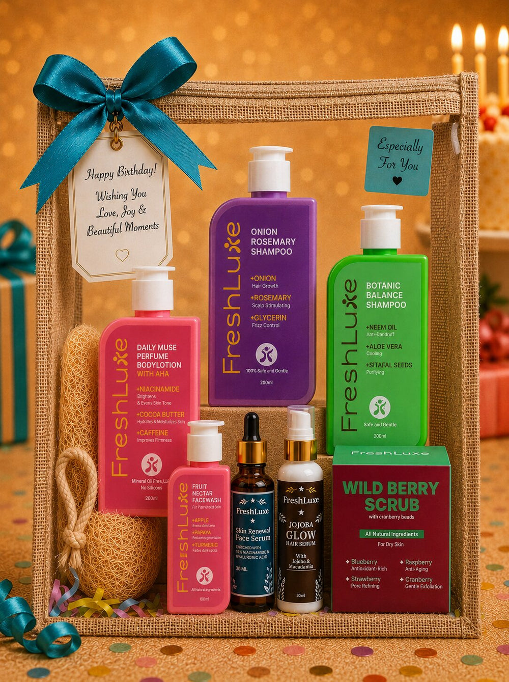 FreshLuxe Birthday Gift Hamper for Women - Gift for Girls | Box, Basket & Birthday Hamper for Her | Body Care Kit & Skin Care Kit for Women - 7-Piece Set