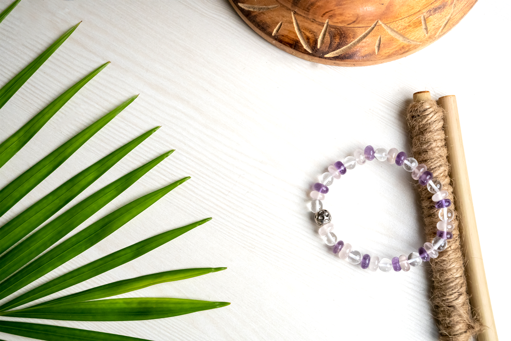 Bamboology Trends Amethyst, rose quartz and clear quartz bracelet for strength, love and fulfilling relationship