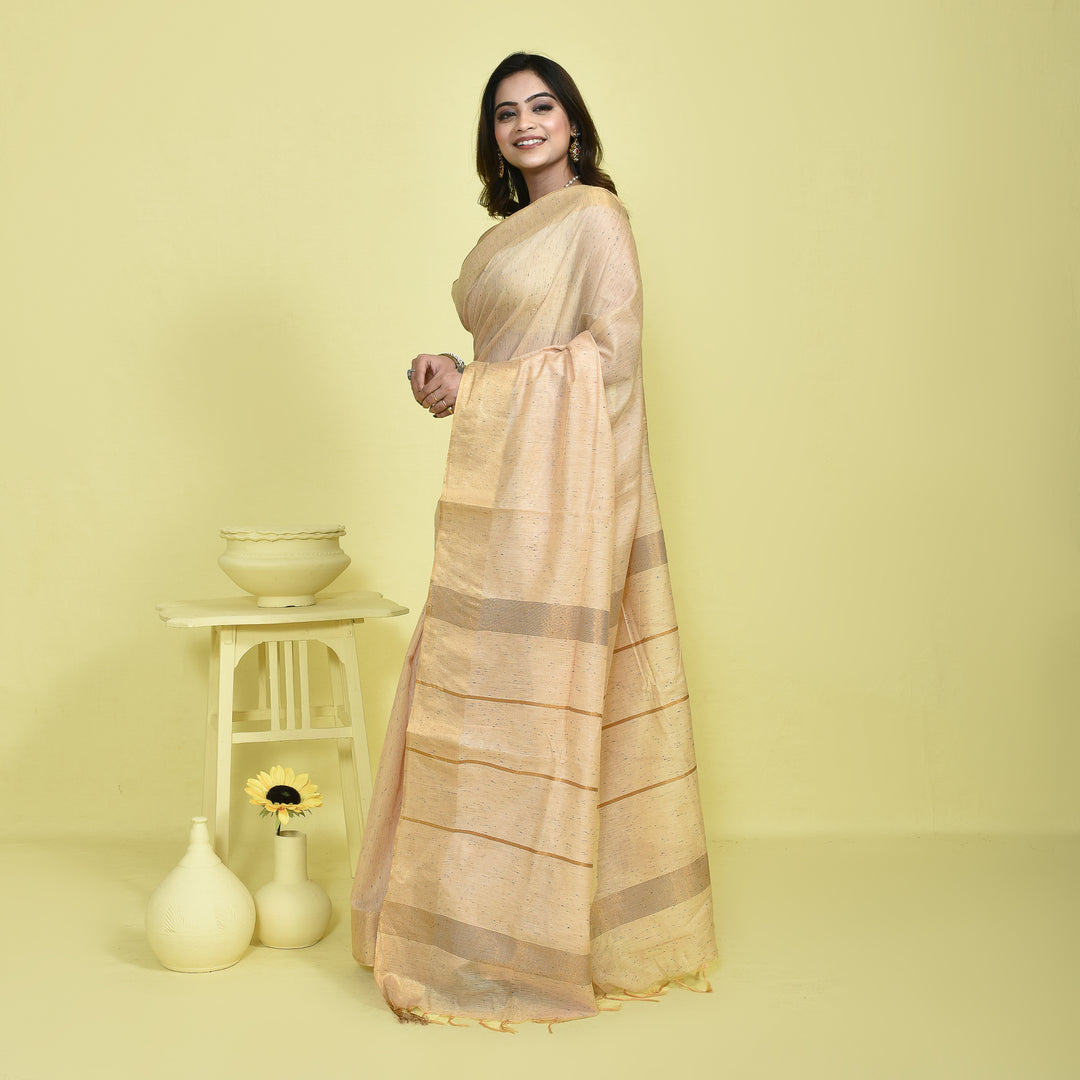 Beige Bamboo Fibre Saree with Zari Border