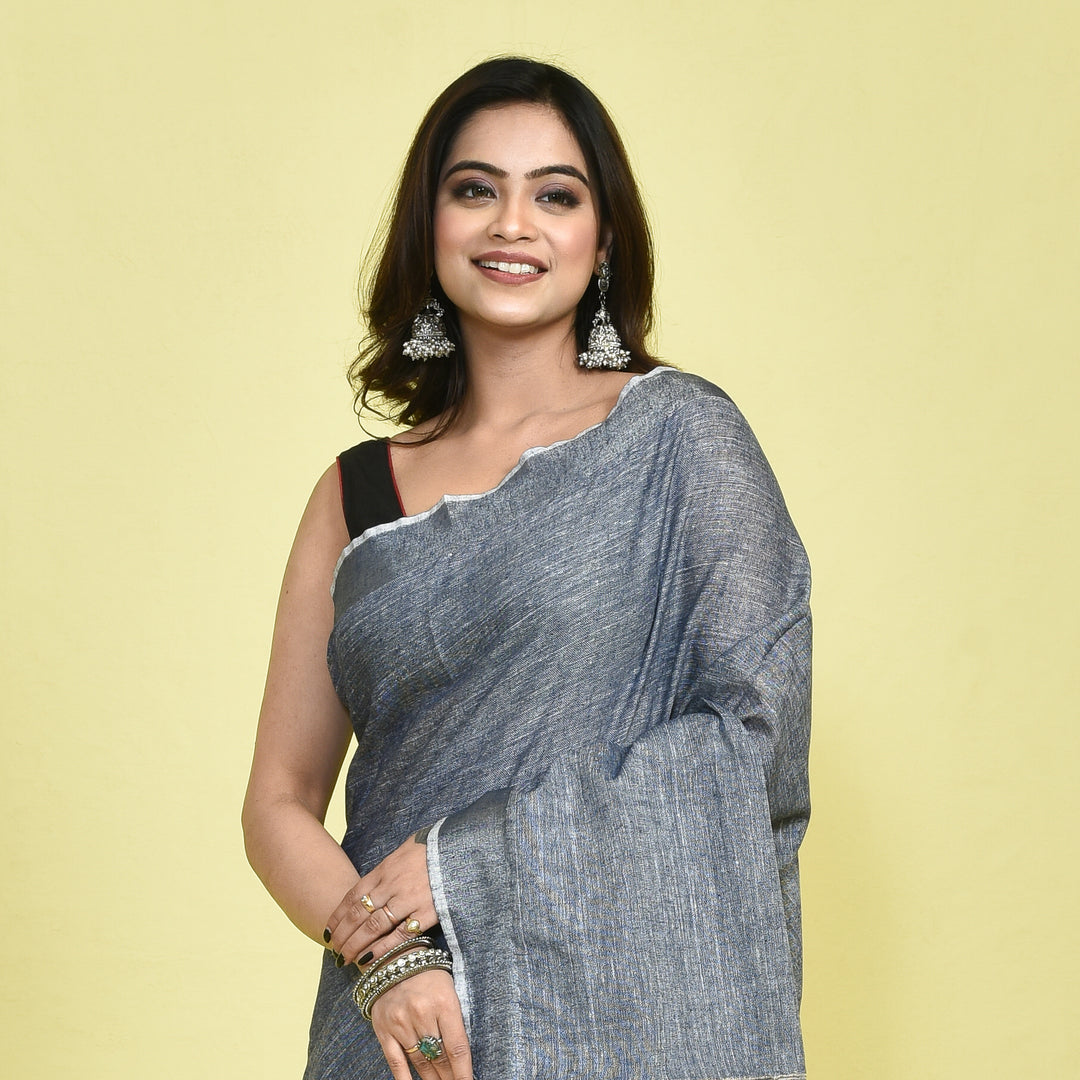 Grey Pure Linen Saree with Metallic Border