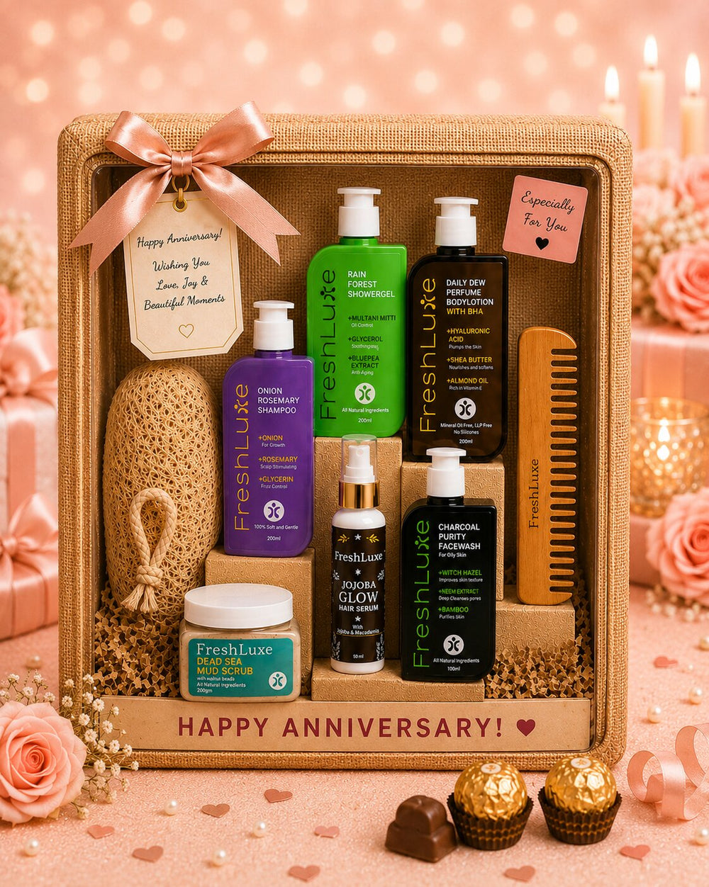 FreshLuxe Anniversary & Wedding Gift Hamper for Men - Gift for Husband | Box, Basket & Anniversary Hamper for Him | Grooming Kit & Skin Care Kit - 6-Piece Set