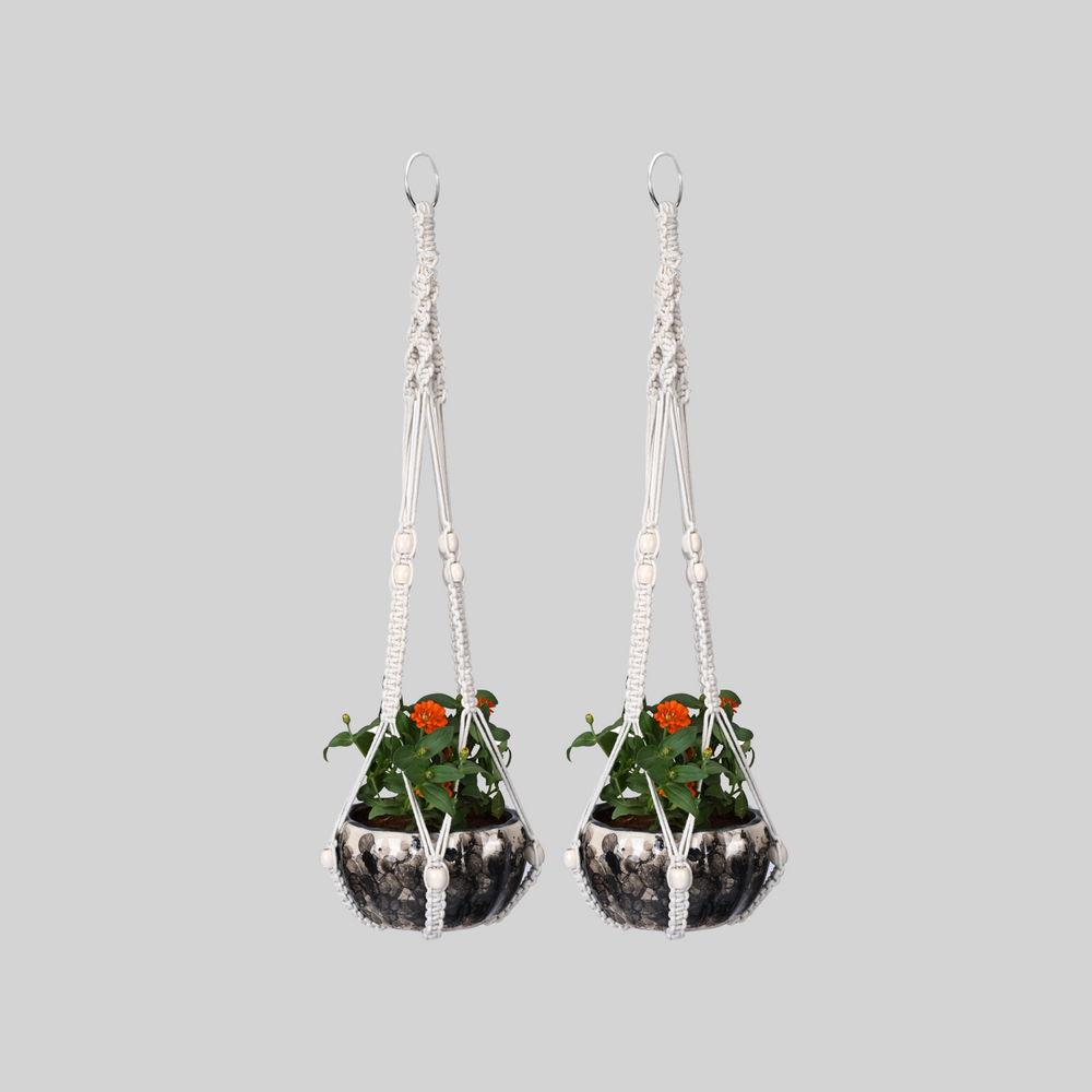 OIKO Macrame Cotton Plant Hanger with Wooden Beads | Stylish Indoor Decor