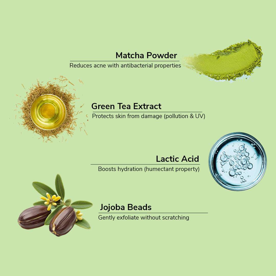 Illustration of matcha powder, green tea extract, lactic acid, and jojoba beads with text on a light green background.