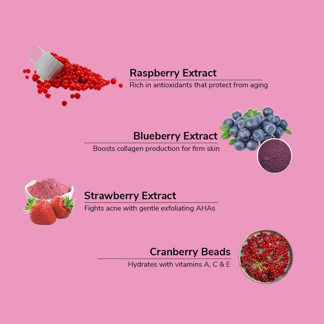 Pink background with images of raspberry, blueberry, strawberry, and cranberry beads, along with text describing their benefits.