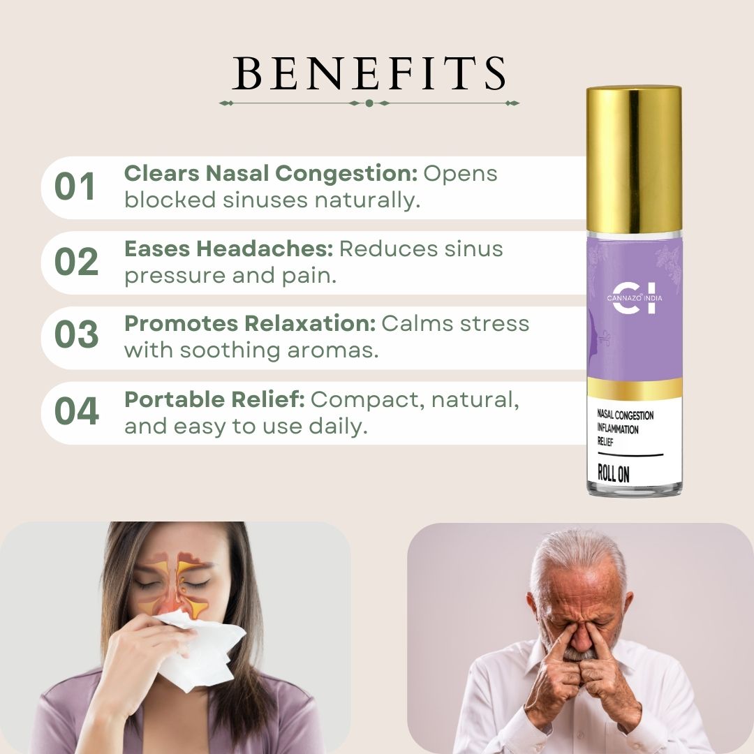 CannazoIndiaSinus Aid Roll-On | Natural Essential Oil Blend for Sinus Relief | Eucalyptus, Vijaya Leaf Extract and Lemongrass | Easy-to-Use Aromatherapy Roll-On for Nasal Congestion | 10ml
