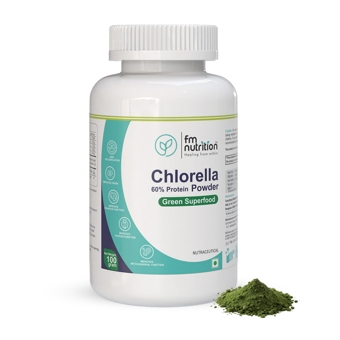 FM Nutrition Chlorella I Natural Binder I Plant protein I Heavy Metal Detox I Rich in Omega 3 I Mitochondrial Health Booster I Vegan I Non-GMO I 100gm powder 