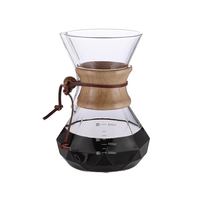 The Bean Co Roasters Glass Pour Over Coffee Maker | 600 ML Diamond Shape | Chemex Style Drip Coffee Maker | Wooden Holder | Premium Heat resistant Borosilicate Glass