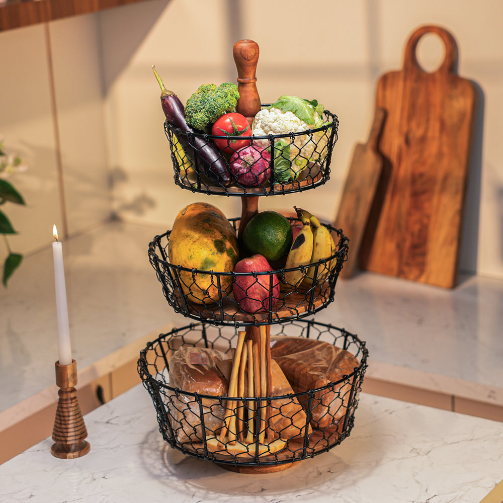 Ireka Homes Farmhouse Basket – Handcrafted Acacia Wood & Metal Storage Basket – Sturdy 3-Tier Organizer for Fruits, Vegetables & Kitchen Essentials