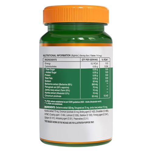 Pure Nutrition BERBERINE 98% supplement with Jamubeej, Karela, Fenugreek extract -Helps in weight management, Balance sugar level & Support Heart Health - 60 Veg tablet