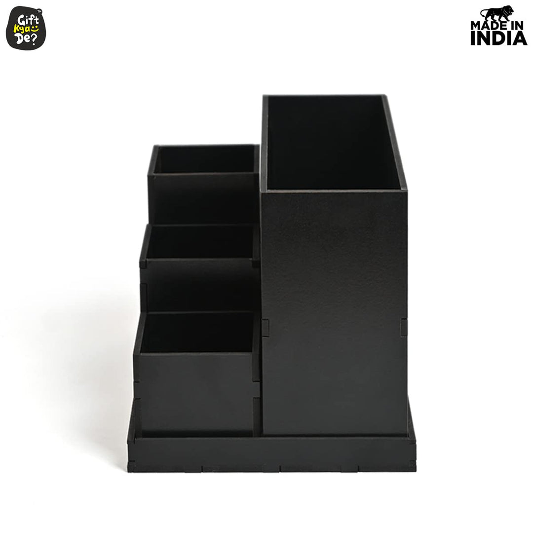 Gift Kya De Wooden Multipurpose Desk Organizer | Table Clock | 4 Compartment Organizer