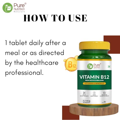 Pure Nutrition Vitamin B12 (2.2mcg) Tablets | Active form of Methylcobalamin B-12 Supplement for Men & Women | Helps Boost Immunity & Energy | Promotes Brain & Nerve Health - 60 Veg Tabs