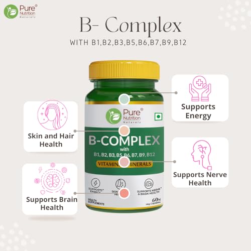 Pure Nutrition Vitamin B-Complex Tablets - 100% RDA for B Vitamins with B1, B2, B3, B5, B6, & B9| Boost immunity & support hair growth - 60 Veg Capsules