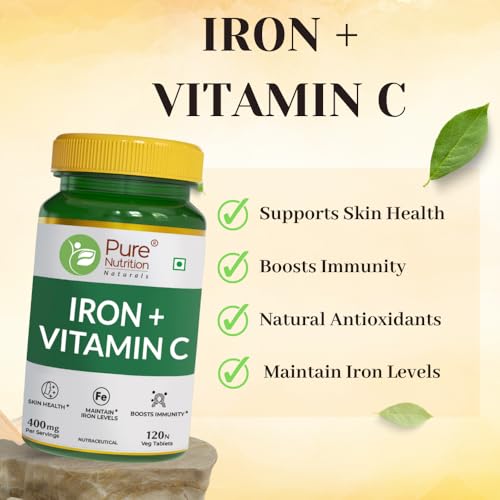 Pure Nutrition Iron + Vitamin C (400mg) Supplement - 120 Veg Tablets for Men & Women | Supports Haemoglobin Production, Support Skin Health, Boosts Immunity & Maintains Iron Level