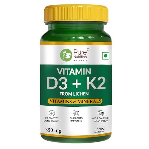 Pure Nutrition Vitamin D3 (Lichen Source) + Vitamin K2 (Mk-7 55Mcg) 600 IU Daily Wellness Supplement For Strong Bones, Immunity, Joint & Heart Health For Men & Women - 120 Veg Tablets