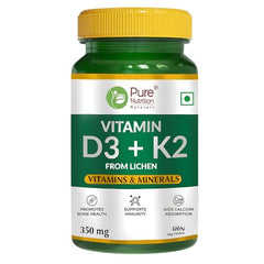 Pure Nutrition Vitamin D3 (Lichen Source) + Vitamin K2 (Mk-7 55Mcg) 600 IU Daily Wellness Supplement For Strong Bones, Immunity, Joint & Heart Health For Men & Women - 120 Veg Tablets