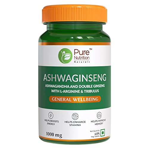Pure Nutrition Ashwaginseng | Power of Ashwagandha & Double Ginseng with L-Arginine & Tribulus | Supports Improvement in Energy- 60 Veg Tablets