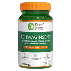 Pure Nutrition Ashwaginseng | Power of Ashwagandha & Double Ginseng with L-Arginine & Tribulus | Supports Improvement in Energy- 60 Veg Tablets