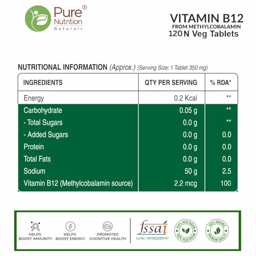 Pure Nutrition Vitamin B12 Tablets | Active form of Methylcobalamin B-12 Supplement for Men & Women | Helps Boost Immunity & Energy | Promotes Brain & Nerve Health - 120 Veg Tabs