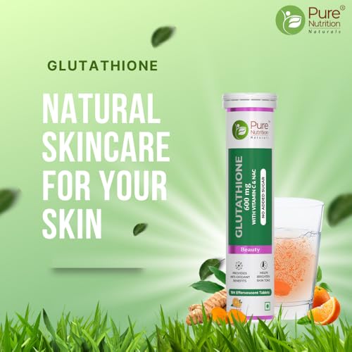 Pure Nutrition L Glutathione 600mg 15 Effervescent Tablets with Vitamin C, Saffron | Anti-aging Antioxidants for Clear & Glowing Skin for Men & Women | Orange Flavour