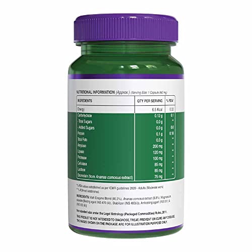 Pure Nutrition Digestive Enzymes 665mg (Amylase, Lipase, Protease, Cellulase, Lactase) with Bromelain| Better Bioavailability | Supports Digestion & Better Absorption of Food Nutrients - 60 Veg Capsules