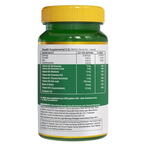 Pure Nutrition Vitamin B-Complex Tablets - 100% RDA for B Vitamins with B1, B2, B3, B5, B6, & B9| Boost immunity & support hair growth - 60 Veg Capsules