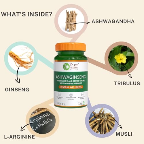 Pure Nutrition Ashwaginseng | Power of Ashwagandha & Double Ginseng with L-Arginine & Tribulus | Supports Improvement in Energy- 60 Veg Tablets