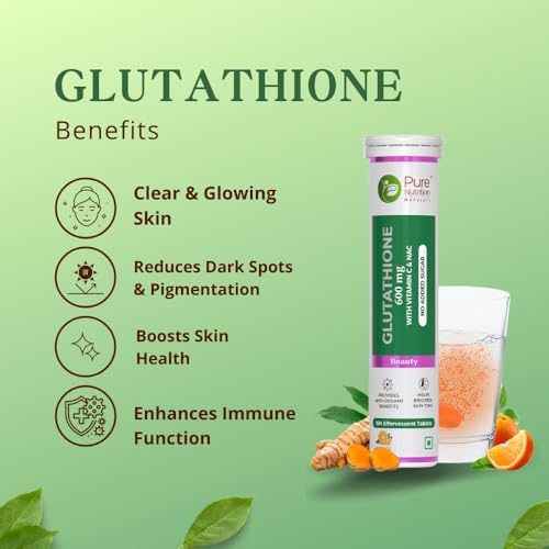 Pure Nutrition L Glutathione 600mg 15 Effervescent Tablets with Vitamin C, Saffron | Anti-aging Antioxidants for Clear & Glowing Skin for Men & Women | Orange Flavour