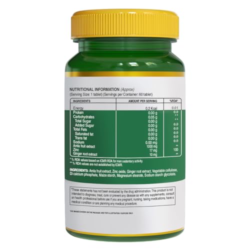 Pure Nutrition Vitamin C with Amla Extract + Zinc Supplement | Boost Immunity | Support In Skin & bone Health - 60 Veg Tablets