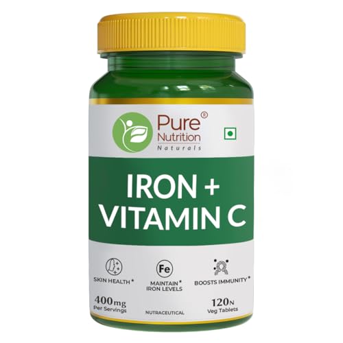 Pure Nutrition Iron + Vitamin C (400mg) Supplement - 120 Veg Tablets for Men & Women | Supports Haemoglobin Production, Support Skin Health, Boosts Immunity & Maintains Iron Level