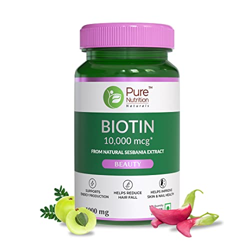 Pure Nutrition Naturals Biotin (10000mcg) with Sesbania Grandiflora, Bhringraj, Bamboo Shoot, Moringa Leaf, Amla Extracts & Multiminerals for Hair Growth, Glowing Skin & Strong & Healthy Nails for Women & Men | Reduce Hair Fall - 60 Veg Tabs