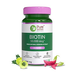 Pure Nutrition Naturals Biotin (10000mcg) with Sesbania Grandiflora, Bhringraj, Bamboo Shoot, Moringa Leaf, Amla Extracts & Multiminerals for Hair Growth, Glowing Skin & Strong & Healthy Nails for Women & Men | Reduce Hair Fall - 60 Veg Tabs