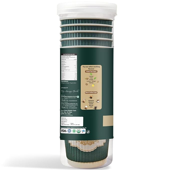 TAVASYAM Ready to Sip Mint Flavour Green Tea Cups - Vegan, Gluten Free & Sugar Free - Pack of 12 Cups Pre-Filled Tea Cups 200 ml Each