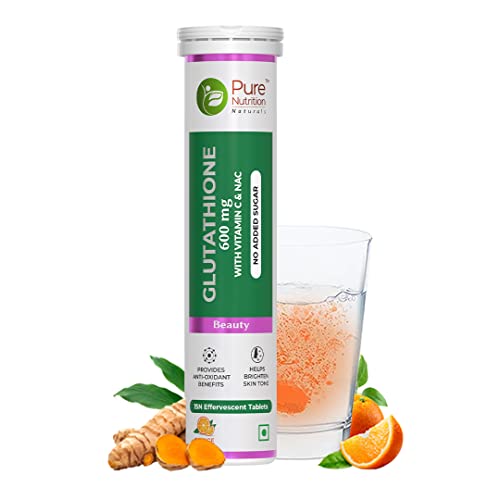 Pure Nutrition L Glutathione 600mg 15 Effervescent Tablets with Vitamin C, Saffron | Anti-aging Antioxidants for Clear & Glowing Skin for Men & Women | Orange Flavour