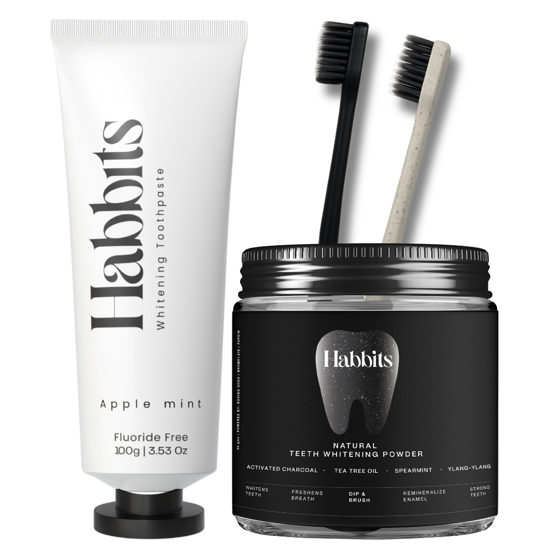 Habbits Whitening Toothpaste (100g) + Teeth Whitening Powder (50g) Combo | 2 Plant-Based Wheat Straw Toothbrush | Long Lasting Freshness | n-HAp & Hyaluronic Acid | Fluoride & Peroxide Free