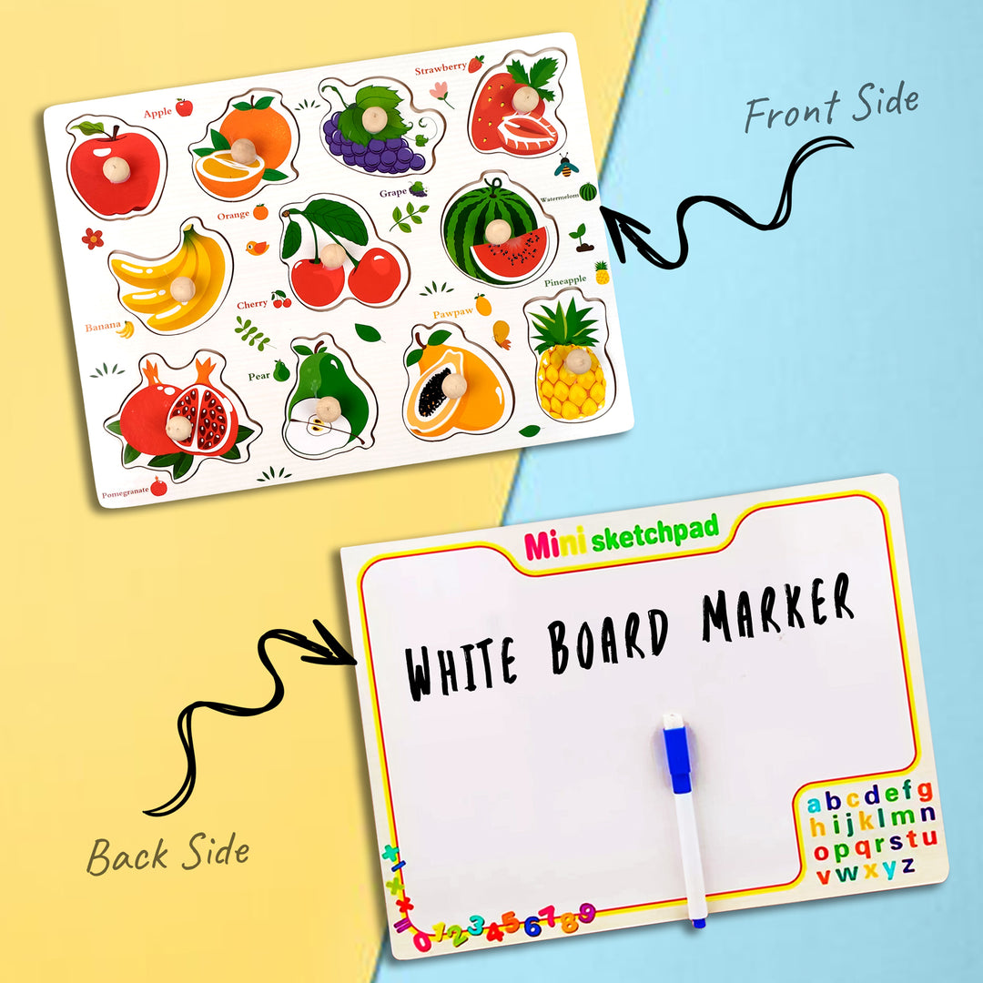 Wudly Toys Wooden Knob & Marker Puzzle Board | Alphabet, Numbers, Animals & Fruits