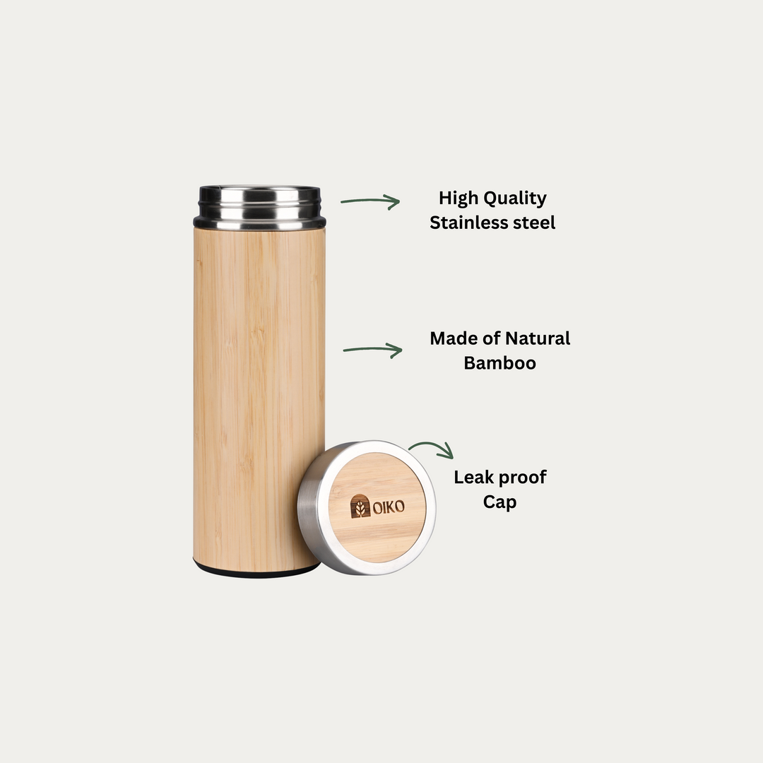 OIKO Bamboo Stainless Steel Water Bottle (Insulated) 500 ML