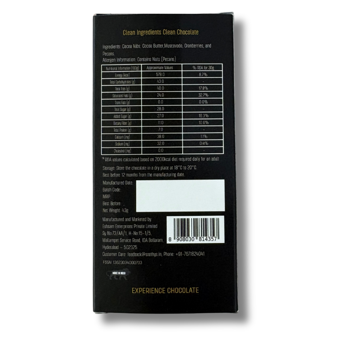 Soothys 70% Dark Vegan Chocolate Bars | Cranberry & Pecans | 5 × 43 g Value Pack