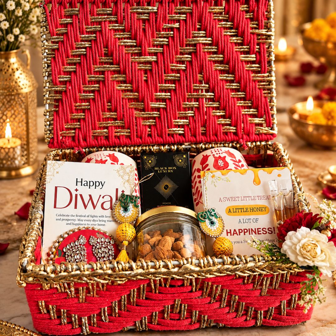 Handcrafted Red & Gold Diwali Gift Hamper Basket with Lid