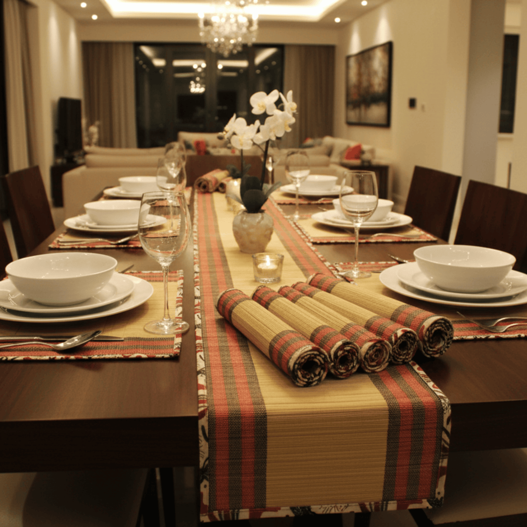 After Wait | Bamboo Table Runner with Placemat - Rustic Elephant Border