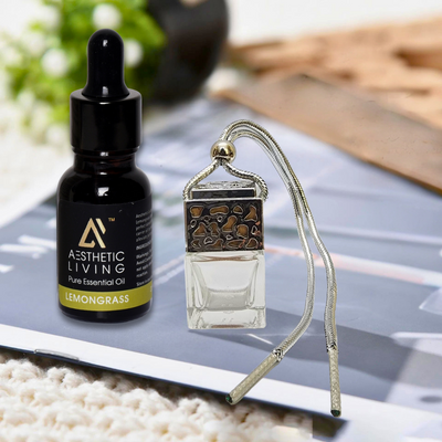 Aesthetic living car aromatizer/ diffuser bottle with essential oil (Square Gold/Silver shape-10ml+ essential oil 15ml)