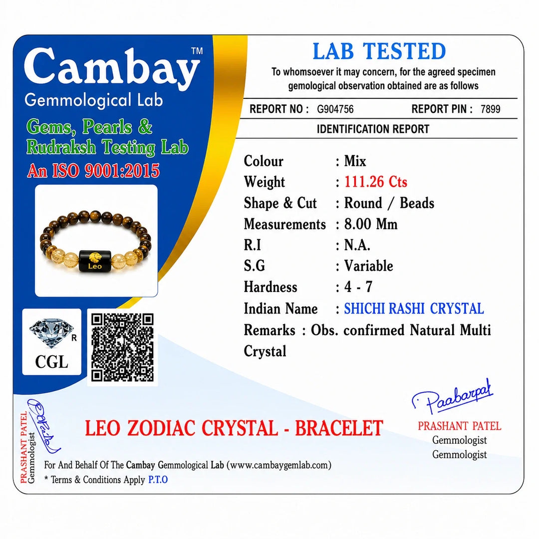 Bamboology Trends Leo Zodiac Tiger Eye & Citrine Gemstone Bracelet | Certified Natural Crystal Bracelet for Confidence, Leadership, Success & Prosperity