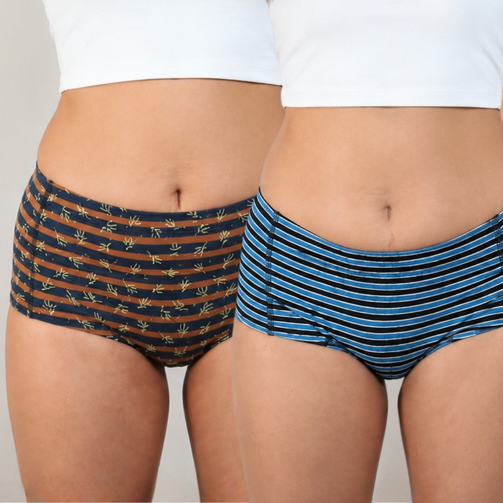 Mocha Leaves & Ocean Blues Organic Cotton Boyshorts Pack of 2