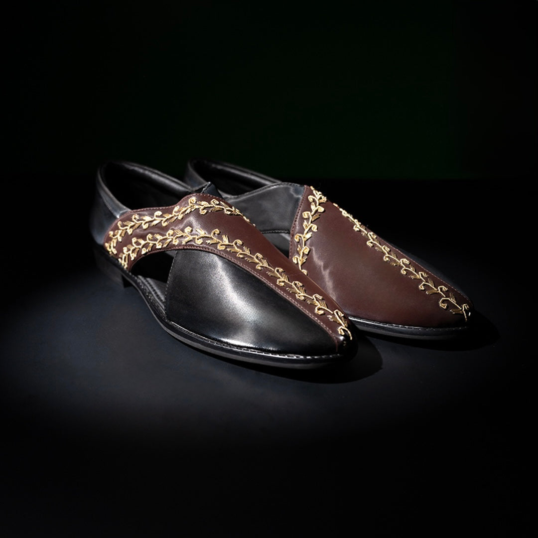 Monkstory Two Tone Embroidered Nawabi Sandals - Black/Brown