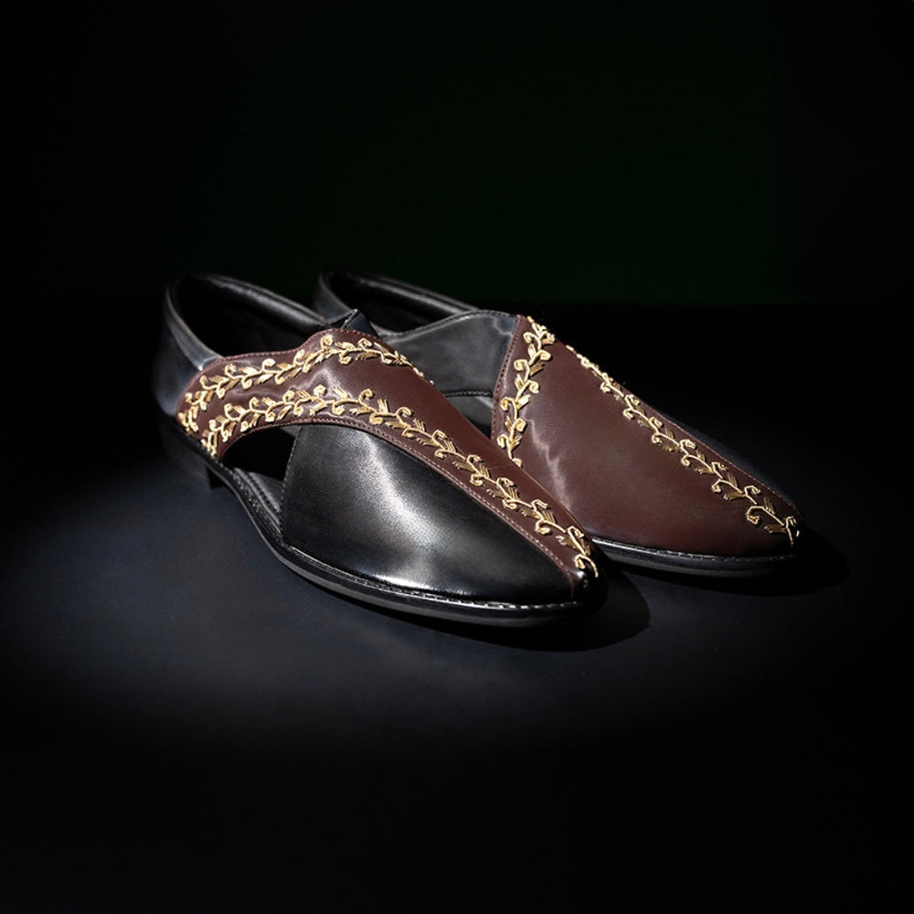 Monkstory Two Tone Embroidered Nawabi Sandals - Black/Brown