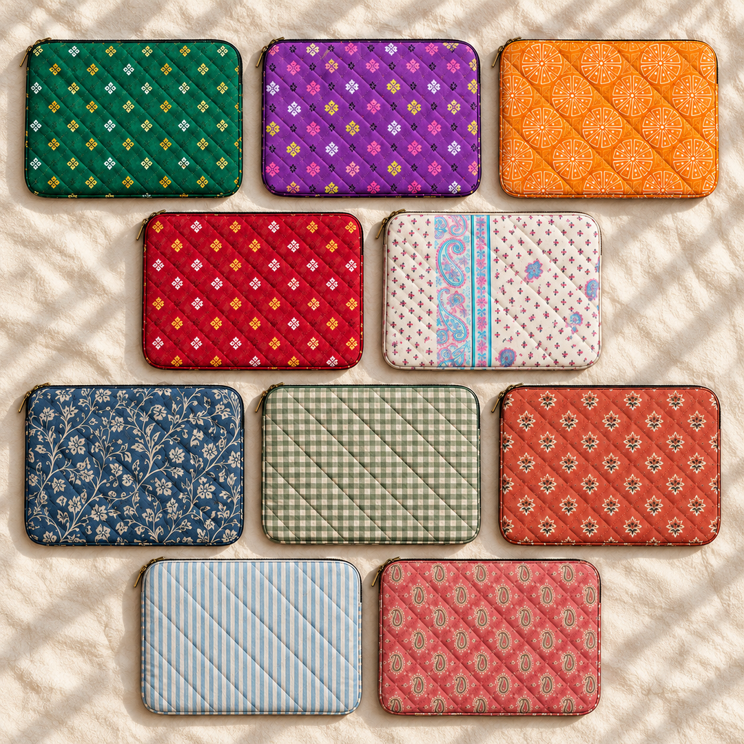 Pravaah Punh Quilted Cotton Laptop Sleeve with Zip Pocket, Assorted Prints