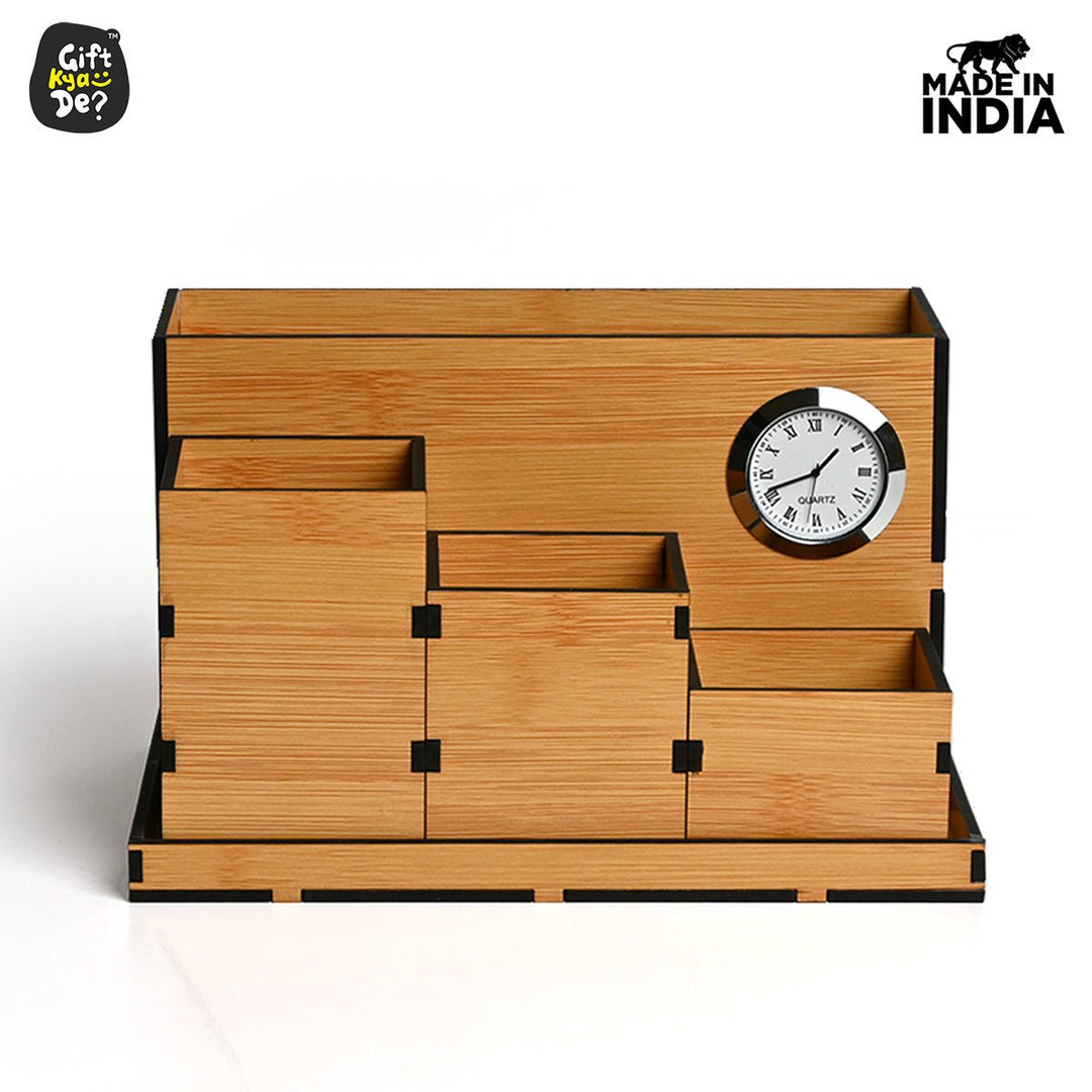 Gift Kya De Wooden Multipurpose Desk Organizer | Table Clock | 4 Compartment Organizer