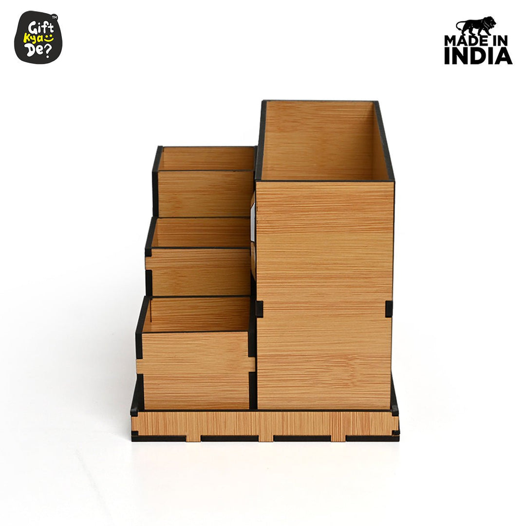 Gift Kya De Wooden Multipurpose Desk Organizer | Table Clock | 4 Compartment Organizer