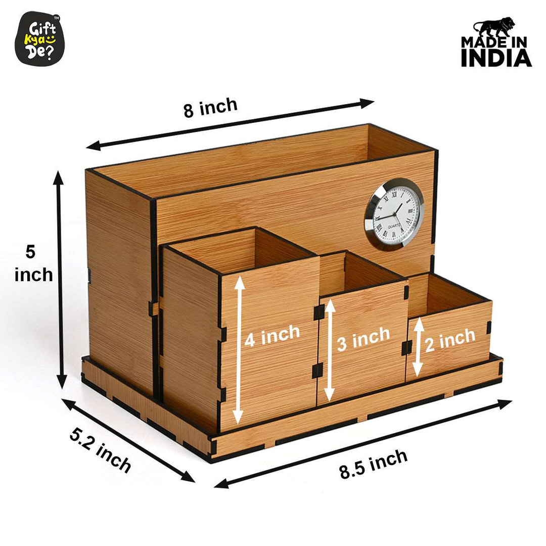 Gift Kya De Wooden Multipurpose Desk Organizer | Table Clock | 4 Compartment Organizer