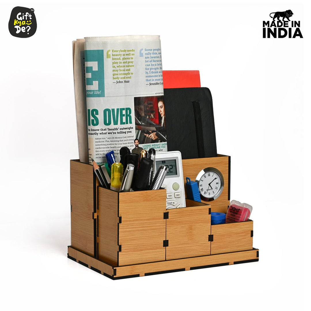 Gift Kya De Wooden Multipurpose Desk Organizer | Table Clock | 4 Compartment Organizer