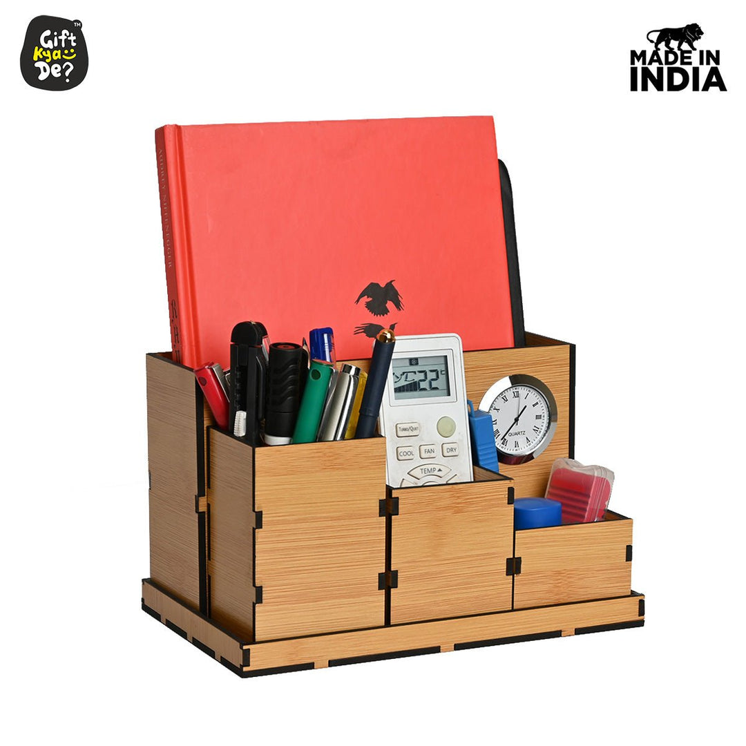 Gift Kya De Wooden Multipurpose Desk Organizer | Table Clock | 4 Compartment Organizer